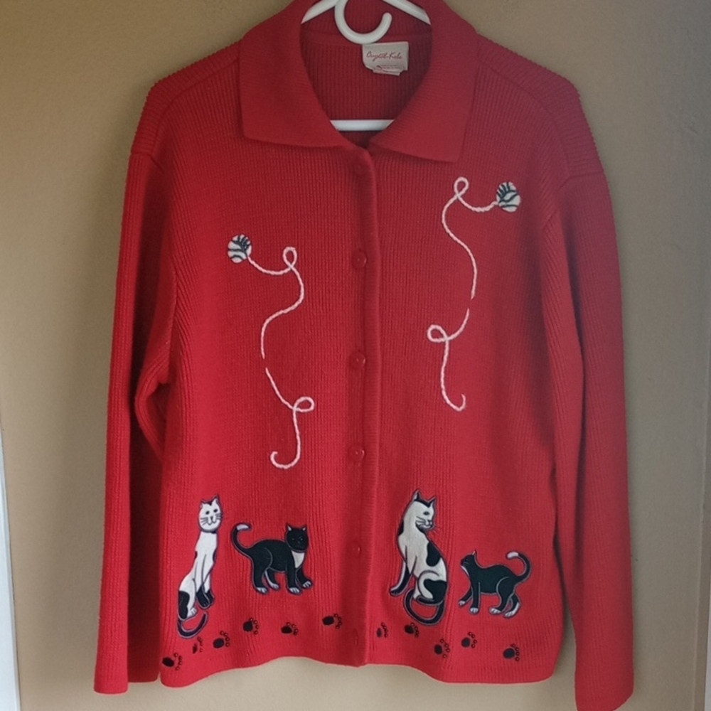 Krystal Kobe Vintage Red Cat Grandma Embroidery Cardigan Size L